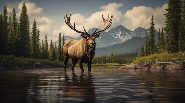 Free photo wild elk in nature with wilderness landscape