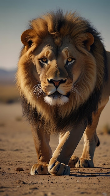 Photo a lion with a brown patch on its chest is walking in the desert