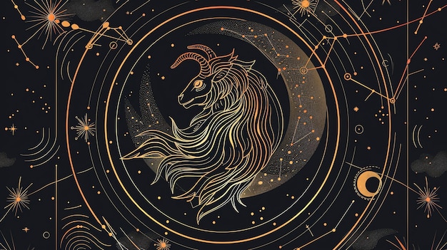 Photo a stylized astrological illustration of the capricorn zodiac sign with a crescent moon and constellations on a dark background