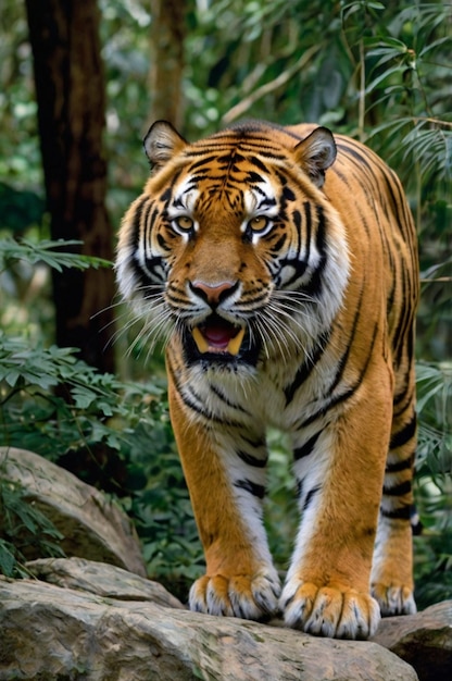 Photo this majestic image capture shows the stoic face and head of wild tiger in a portrait white the feline is looking towards the camera