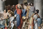 Jésus-Christ chassant les changeurs de monnaie du temple, huile sur toile, de Carl Bloch (1874).