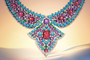 Collier en or rose, rubellites, diamants, turquoises, émeraudes, de Bulgari.