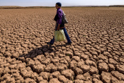 Un fermier marche sur le site du barrage Al-Massira, au sud de Casablanca, à sec depuis 2022. 