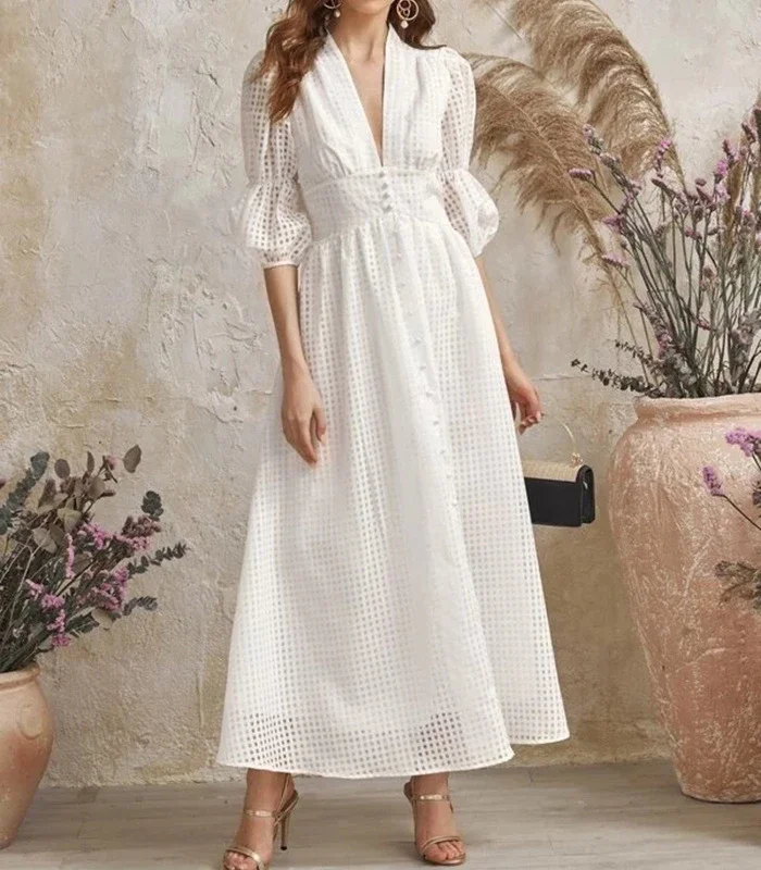 Dress Temperament White Dress Waist Plaid Dress-Corachic