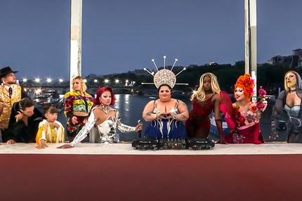 Olympiaeröffnungsfeier: Eine Parodie des letzten Abendmahls mit DJ Leslie Barbara Butch und einem Dutzend Drag-Queens.