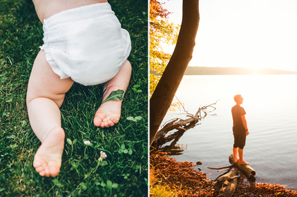 Krankheitsrisiko durch Geburtszeitpunkt: l.: Baby crawling on grass.
r.: Goldener Herbsttag, Großer Stechlin See