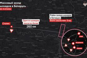 Карта захода российских беспилотников в Беларусь в ночь на 31 июля 2024 года. "Беларускі Гаюн"