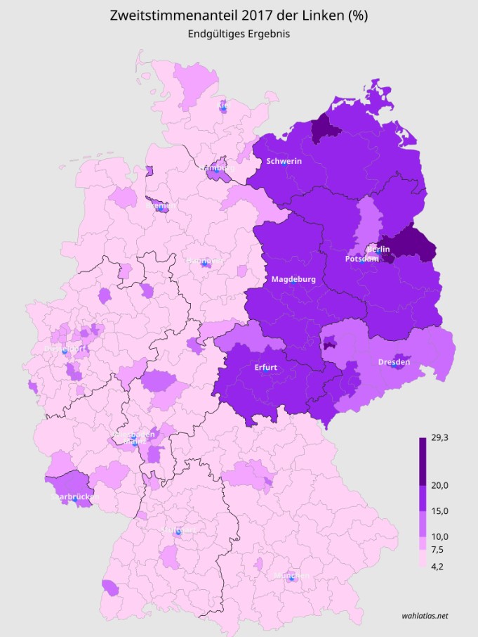 Результаты парламентских выборов в Германии в 2017 году для Левой партии. Карта: Erinthecute, CC BY-SA 4.0, commons.wikimedia.org