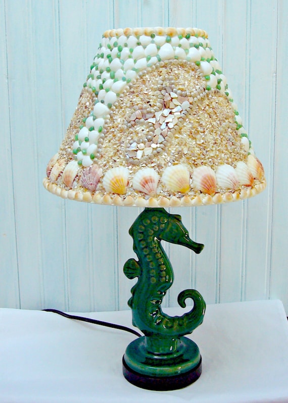 Seahorse Lamp with Seashell Covered Shade- Seashell Lamp- Beach Decor Table Lamp