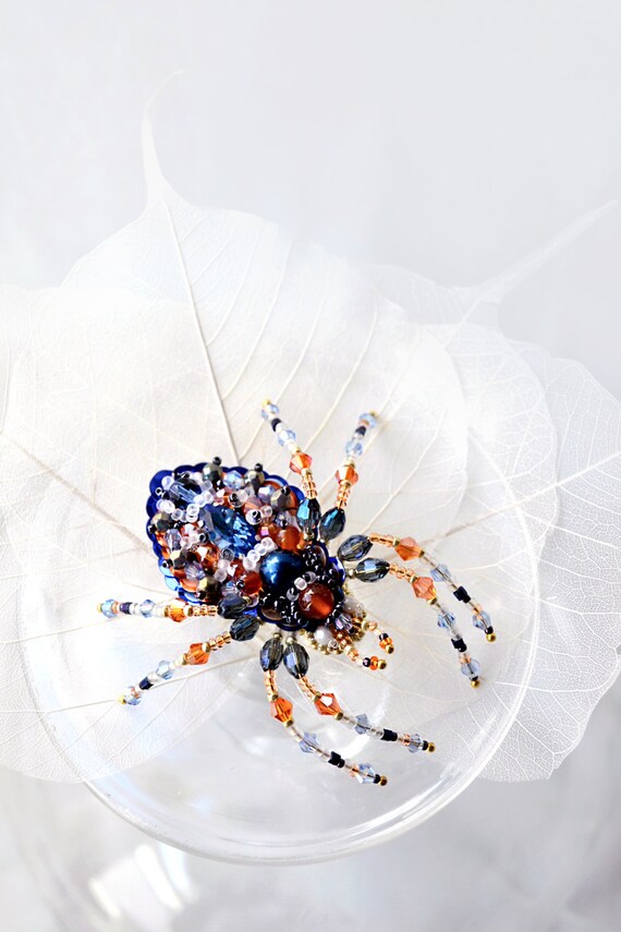 Colorful spider brooch Unique handcrafted spider jewelry art, bead embroidered orange dark blue wonderful spider gift for Spider Lover