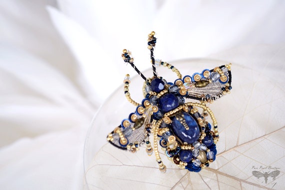 Statement jewelry, Lapis Lazuli Beetle brooch, Collectible jewelry, Insect jewelry, Unique jewelry, Hand embroidery, Gift for her