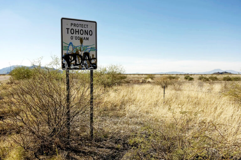 A sign marks a boundary of the Tohono O'odham Reservation.
