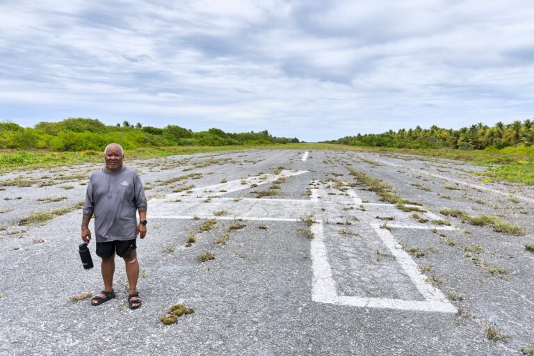 Alson Kelen on a U.S. airstrip runway. Image by Mark Klett/Cape Farewell.