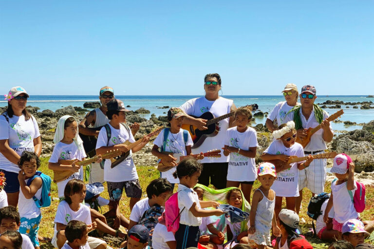 Musicians at a 2019 ceremony marking a three-month rāhui closure of the bonefish fishery in Anaa Atoll.