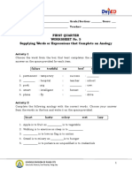 English 6: First Quarter Worksheet No. 5 Supplying Words or Expressions That Complete An Analogy