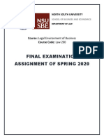 Final Examination Assignment of Spring 2020: Course: Legal Environment of Business Course Code: Law 200
