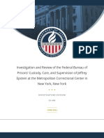 Investigation and Review of The Federal Bureau of Prisons' Custody, Care, and Supervision of Jeffrey Epstein at The Metropolitan Correctional Center in New York, New York