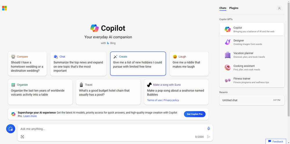 無料版Copilotのウェブページ