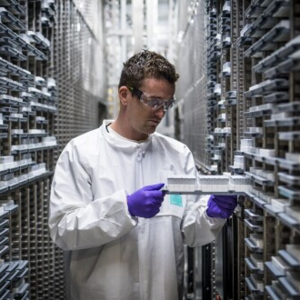 Man looking at samples in a large lab