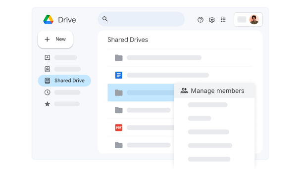 Інтерфейс Google Диска, у якому відображається файл на спільному диску, а також вибрано опцію "Керувати учасниками". 