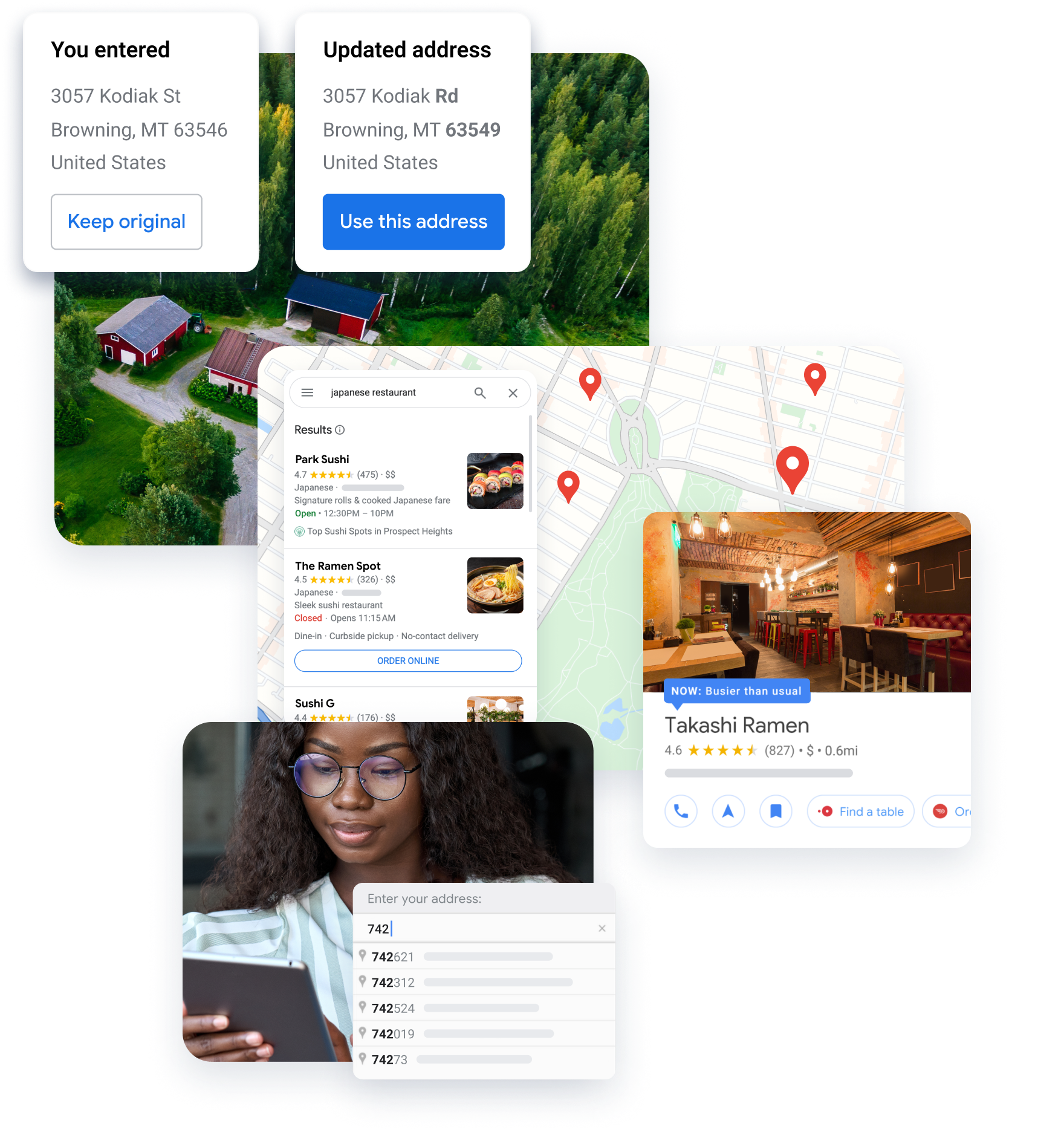 Address entry correction, map with restaurants, Place Details for a sushi restaurant, and a woman entering an address on a tablet.