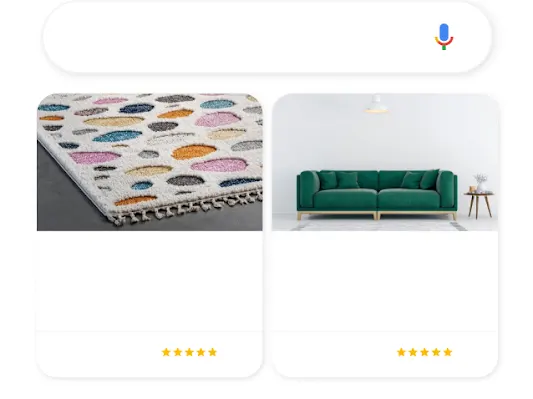 Iliustracija, vaizduojanti telefoną, kuriame rodoma „Google“ paieškos užklausa namų dekoravimui ir du susiję apsipirkimo skelbimai.