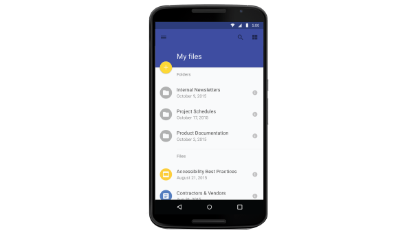 Google Disk-UI med en liste over ulike typer filer. 