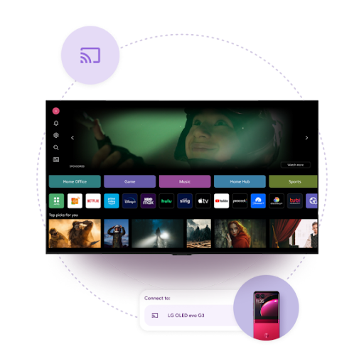 Een tv-scherm toont de Google TV-interface en een Cast-icoon in de hoek. Eronder staat een smartphone met het bericht 'Connect to: LG OLED evo G3', over verbinding maken met een gekoppeld apparaat.