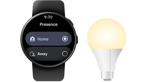 Dùng Google Home trên đồng hồ thông minh Android để thay đổi trạng thái hiện diện ở nhà riêng từ Ở nhà thành Vắng nhà.