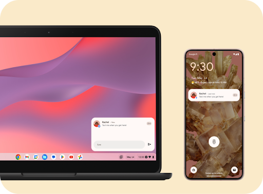Una Chromebook y un teléfono al lado muestran una alerta de mensaje de texto de “Rachel”.