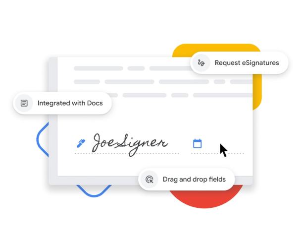 Abbildung der Benutzeroberfläche zur Funktion „E‑Signatur“, mit der Nutzerinnen und Nutzer Namens- und Datumsfelder per Drag-and-drop in Google Docs einfügen können 
