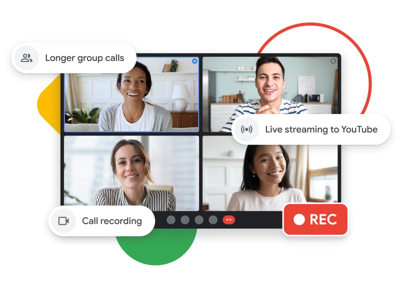 Abbildung der Benutzeroberfläche bei einem Google Meet-Anruf mit längeren Gruppenanrufen, Livestreaming auf YouTube und Funktionen zur Anrufaufzeichnung