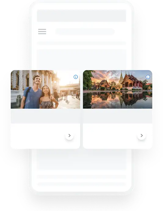 Illustration d’un téléphone montrant une requête de recherche Google pour des visites guidées en Asie du Sud-Est, qui affiche les annonces graphiques.