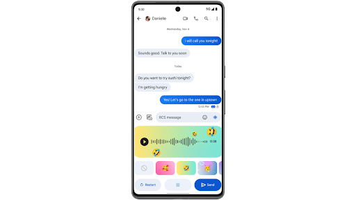 Pagpapadala ng voice message sa Google Messages at pagdaragdag ng naka-personalize na background at emoji rito sa Android phone.
