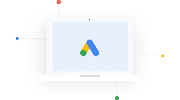 Grafika przedstawiająca laptopa z logo Google Ads na ekranie.