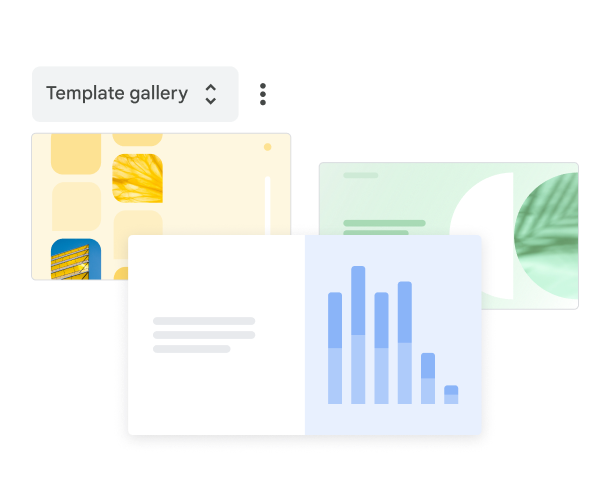 Tre forhåndsutformede Google Presentasjoner-maler å velge mellom i malgalleriet.