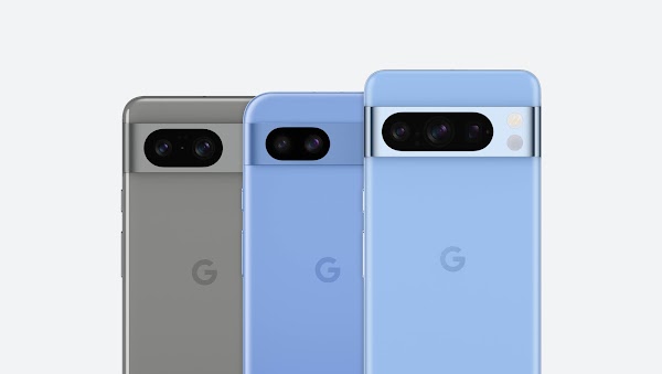 The Pixel 8, Pixel 8a and Pixel 8 Pro lined up next to each other