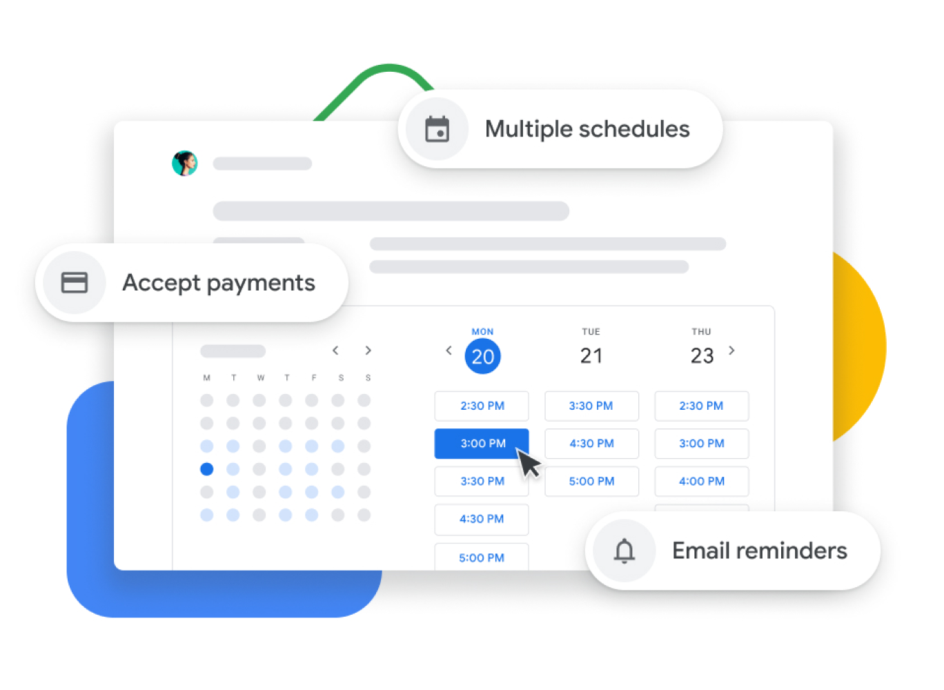 Abbildung der Benutzeroberfläche von Google Kalender mit Terminplanungsfunktionen, mit denen Nutzerinnen und Nutzer Zahlungen annehmen, mit Kundinnen und Kunden in Kontakt treten und E‑Mail-Erinnerungen senden können