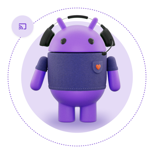 A purple Android robot wearing headphones, with a small heart on its chest and a Cast icon circling it on a dotted line.