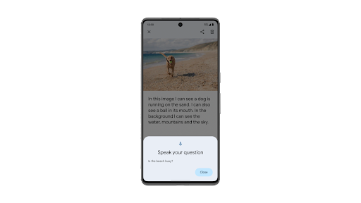 在一部 Android 手机上，用户正使用 Lookout 的图片问答功能聆听 AI 生成的图片说明及提出后续问题。