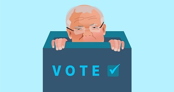 An illustration of Scott Morrison peeking out of a ballot box with VOTE written on it.