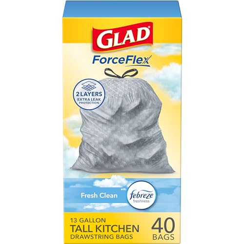 Glad Trash Bags, ForceFlex Tall Kitchen Drawstring Garbage Bags, Fresh Clean, 13 Gal, 40 Ct (Package May Vary)