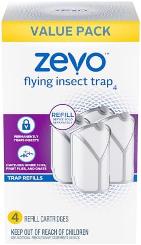 Zevo Flying Insect Trap Refill Cartridges, Fly Trap, Fruit Fly Trap (4 Refill Cartridges)