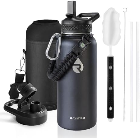 RAYMYLO Insulated Water Bottle 32 oz, Triple Wall Vacuum Stainless Steel (Cold for 48 Hrs), Leak Proof & BPA-Free, Modern Water Flask Jug with Paracord Handle & Straw Spout Lids, Magic Black