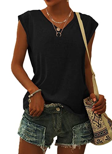 WNEEDU Womens Tops Summer V Neck T-Shirt Casual Cap Short Sleeve V Neck Loose Fit Tank Tops Black S