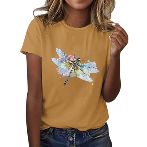 Summer T Shirts for Womens Dragonfly Graphic Blouses Loose Fit Short Sleeves Tee Tops Casual Going Out Clothes, Yz1-yellow, X