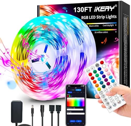 IKERY Led Lights Strip for Bedroom 130ft Music Sync Color Changing Led Strip Lights, App + Remote Control,Ultra-Long 5050 RGB LED Lights for Bedroom Home Decor, Party Decoration (2 Rolls of 65ft)