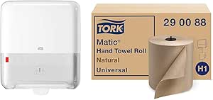 Tork Matic Wall Mounted Paper Hand Towel Dispenser, White - H1 + Refill - Universal Hand Towel Rolls (Pack of 6), Natural