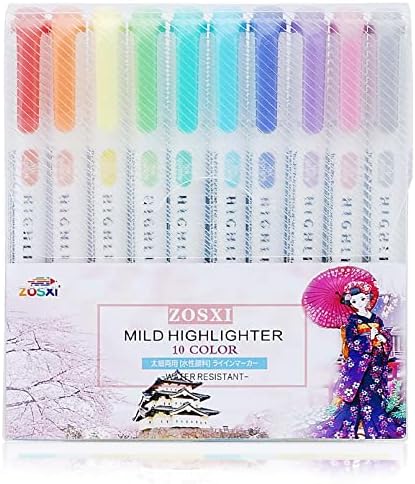 Zosxi Highlighters Double Ended Mild 10 color Highlighters Fluorescent Marker pen for Coloring Underlining Highlighting Broad and Fine Tips Assorted 10 Colors set (10-Pack Flourescent)