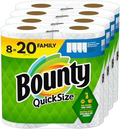 Bounty Quick Size Paper Towels, White, 8 Family Rolls = 20 Regular Rolls